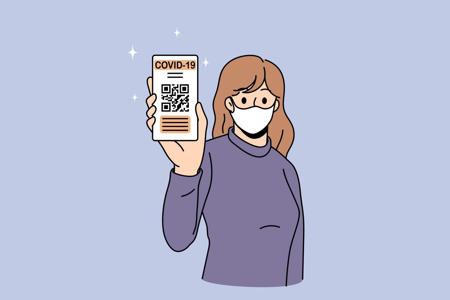 Young woman in facemask hold smartphone show immunity passport on screen. Female client in facial mask demonstrate covid-19 vaccination certificate on cellphone. Corona virus. Vector illustration.