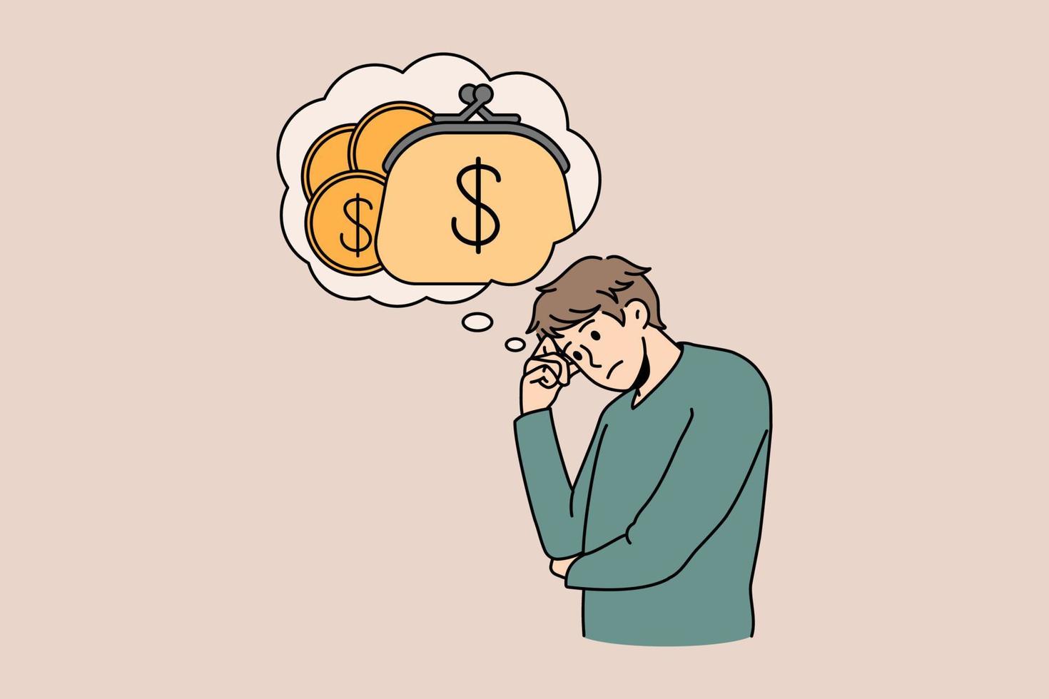 Unhappy young man with speech bubble above think of money struggle with financial problems. Stressed guy consider expenses expenditures. Bankruptcy and debt. Finance. Vector illustration.