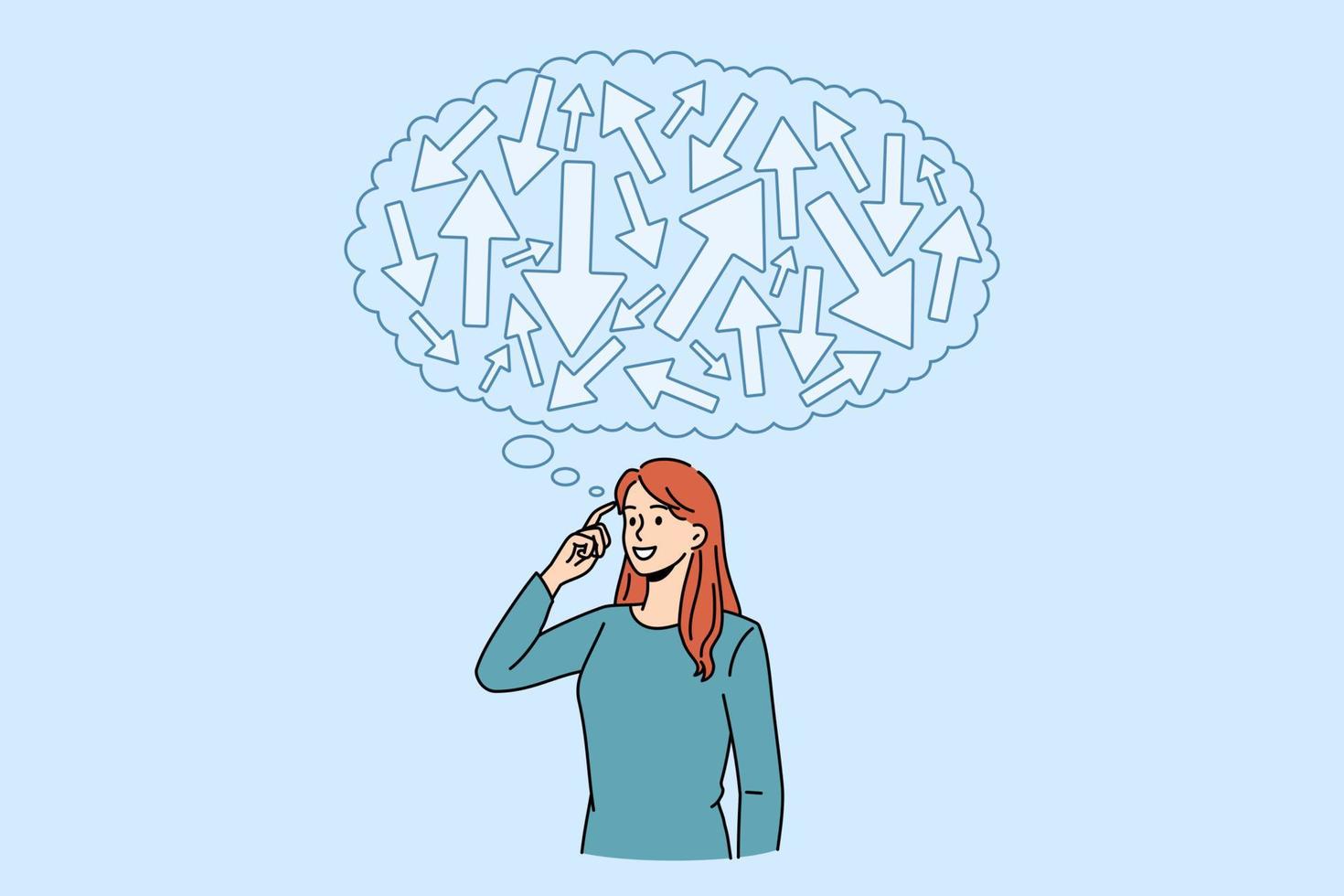 Young woman with speech bubble above head feel confused think of problem solution. Pensive female frustrated with planning or decision making, brainstorm solve problem. Vector illustration.