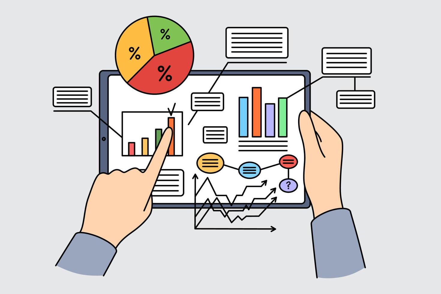 concepto de estadísticas y datos comerciales. manos humanas sosteniendo tableta con metadatos de estadísticas de desarrollo en la ilustración de vector de pantalla