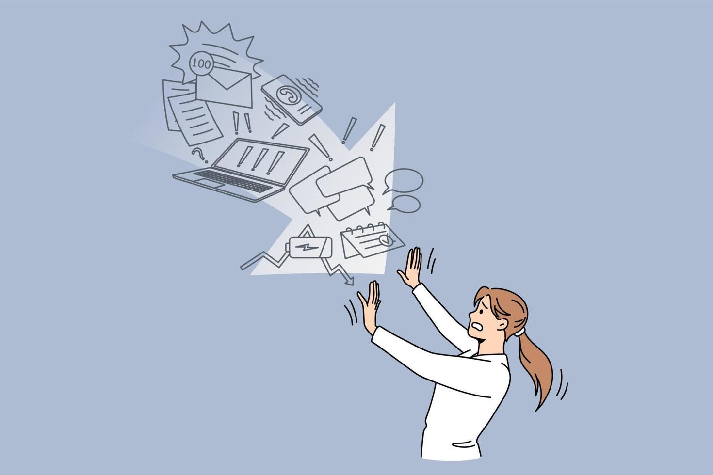 Stressed woman stop information overload spam and email notifications. Distressed female feel frustrated overwhelmed with data stream and load. Censorship and filtering. Flat vector illustration.
