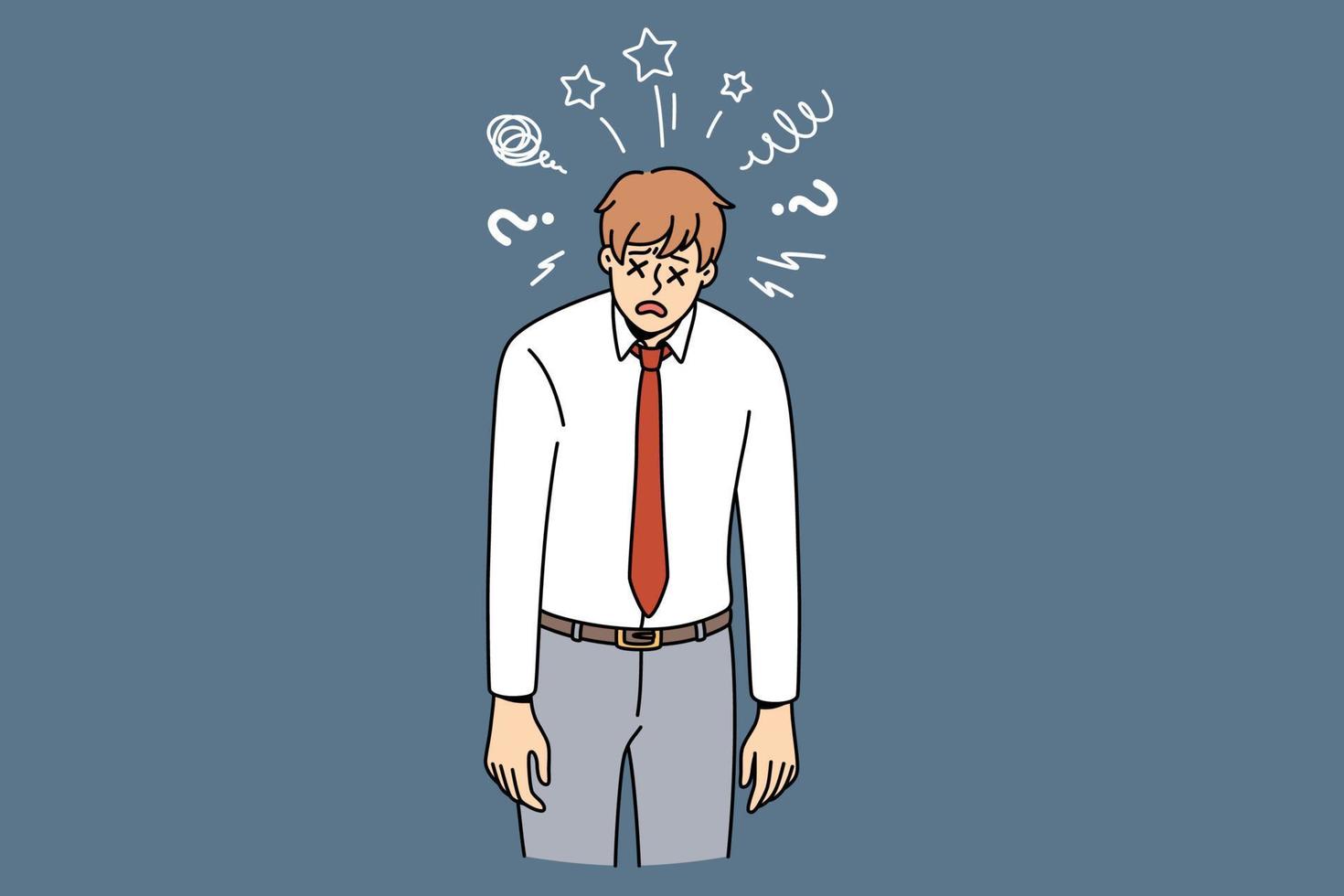 Feeling stressed and tired concept. Young man worker cartoon character wearing official clothes standing with crosses instead of eyes feeling exhausted at work vector illustration