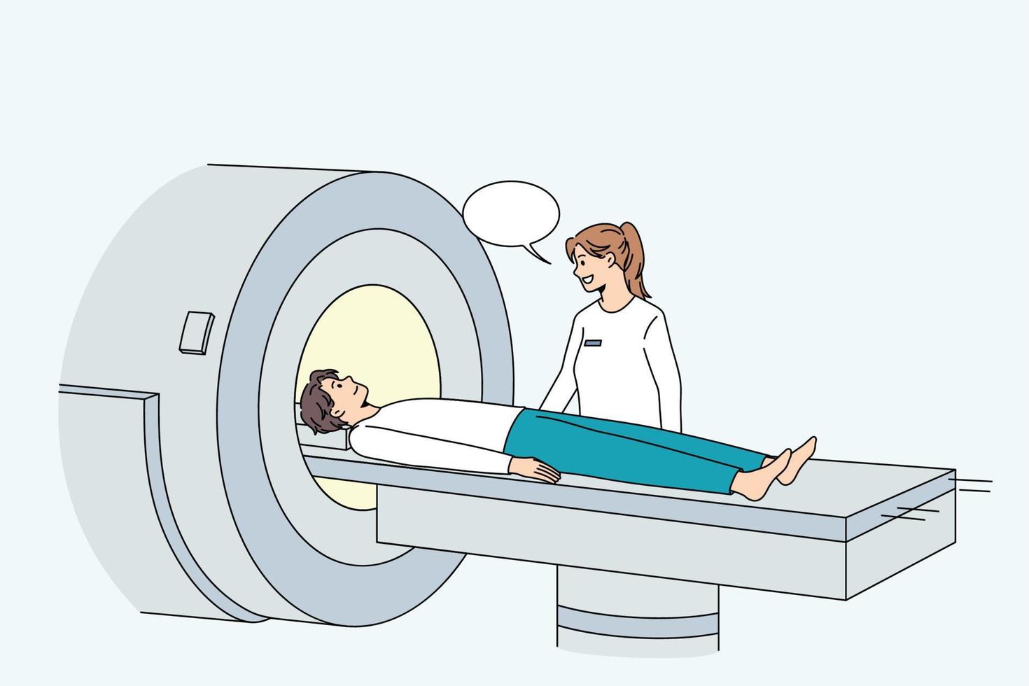 Man undergo tomography screening in modern hospital. Unhealthy sick male patient have body section laminography in clinic, suffer from health problems. Healthcare, medicine. Vector illustration.