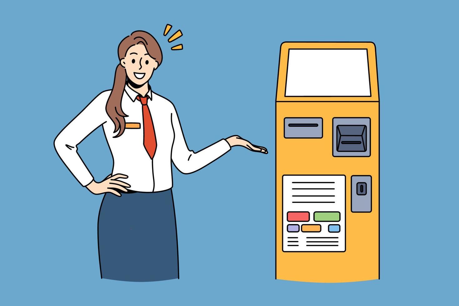 representante bancario y concepto de tecnologías. mujer sonriente joven que trabaja en el banco de pie y apuntando a la ilustración de vector de máquina atm