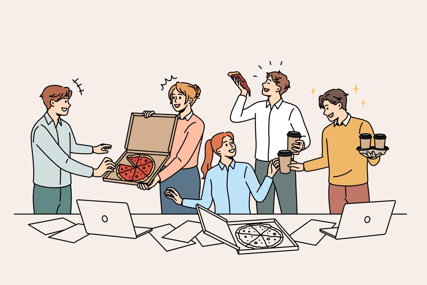 Corporate party and celebrating concept. Group of young colleagues workers eating pizza drinking coffee in office during party vector illustration