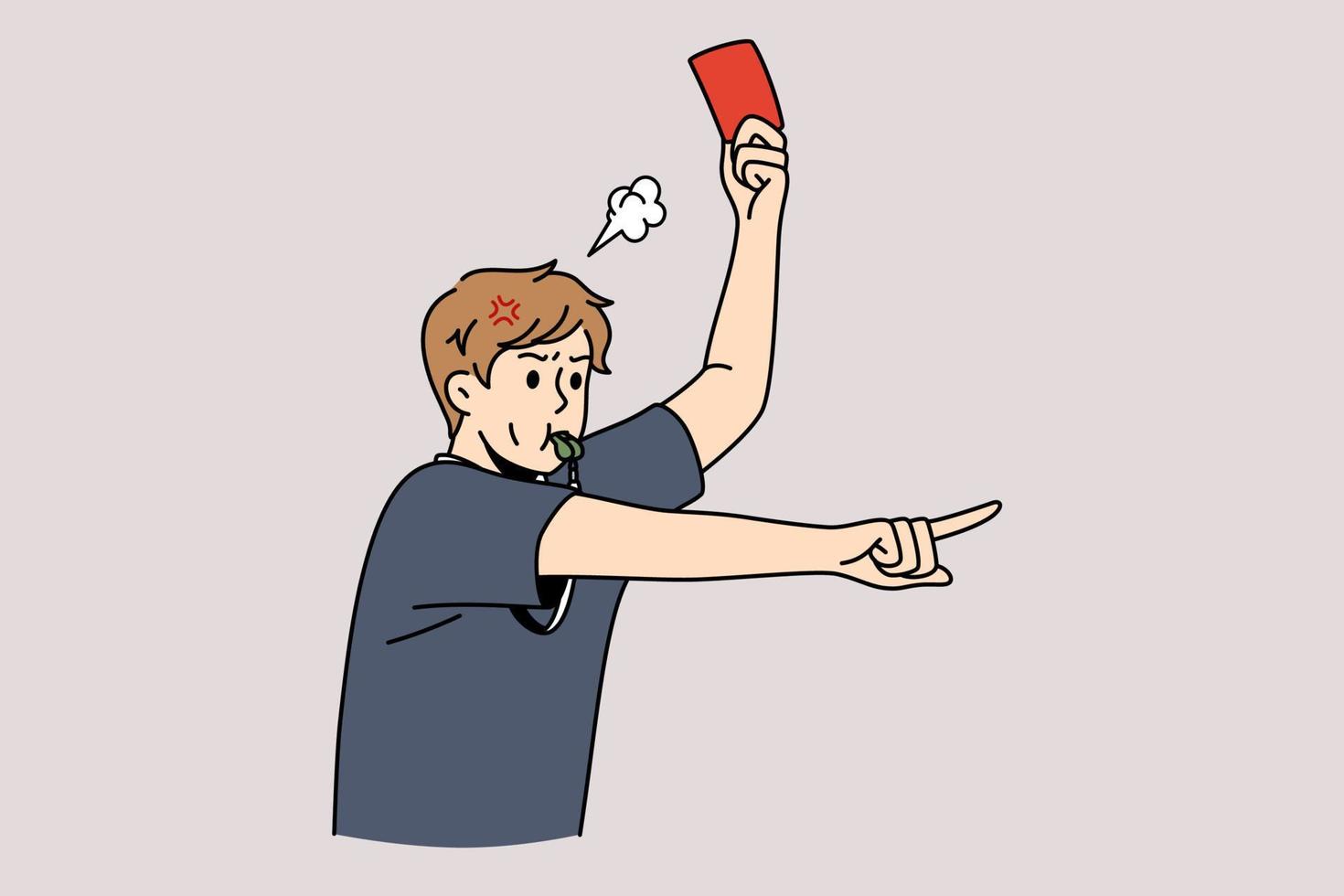 juez de fútbol y concepto de reglas de fútbol. joven juez de fútbol de pie y mostrando la tarjeta roja al jugador silbando durante la ilustración del vector del juego