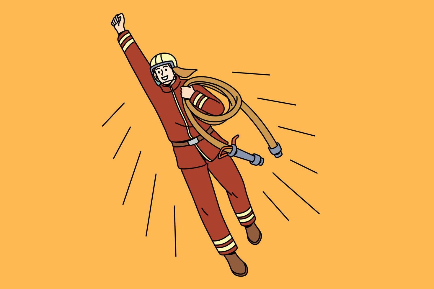 Working as fireman hero concept. Young smiling man cartoon character fireman flying above with hand up over yellow background vector illustration