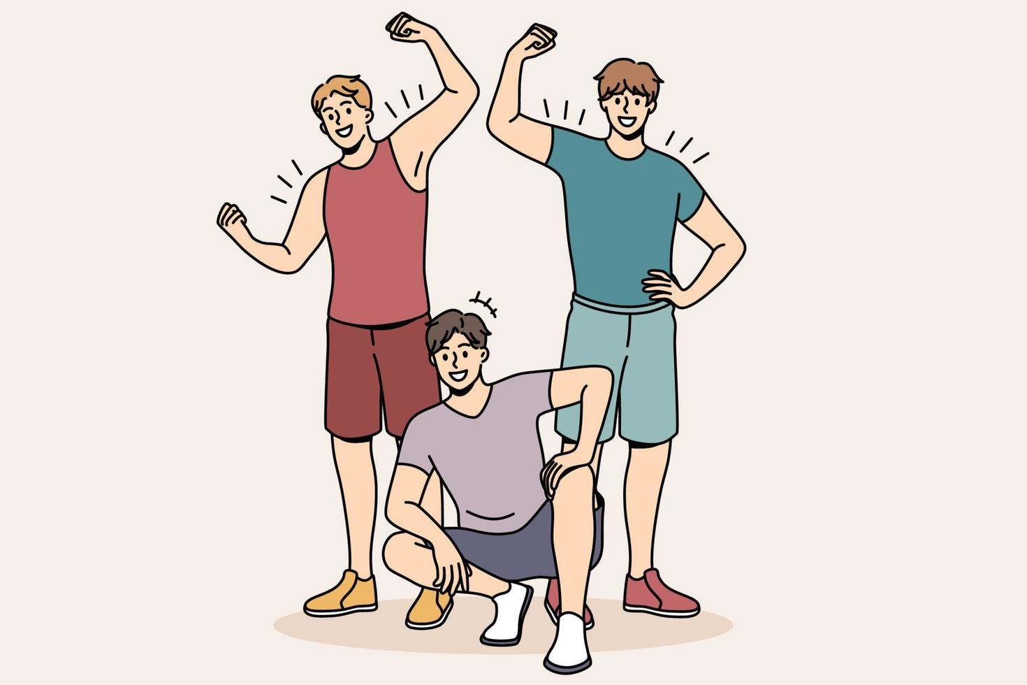 atletas y concepto de estilo de vida deportivo. grupo de jóvenes hombres fuertes sonrientes de pie sentados mostrando bíceps después de la ilustración vectorial de entrenamiento vector