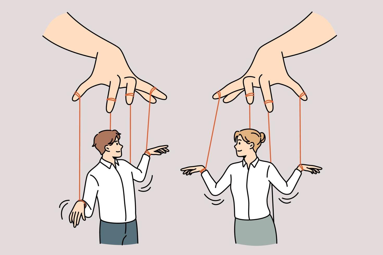 Social influence and independence concept. Human hands holding two business people with threads as marionettes vector illustration