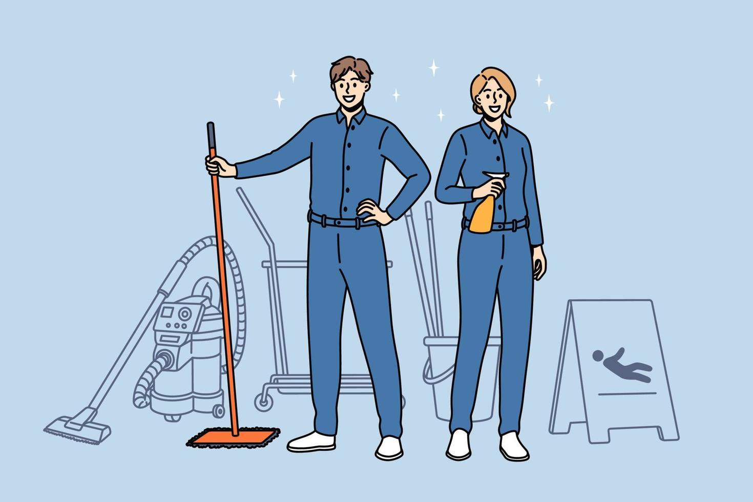 concepto de trabajo doméstico y trabajadores de limpieza. jóvenes sonrientes mujeres y hombres limpiadores en uniforme azul de pie sosteniendo herramientas para limpiar en las manos ilustración vectorial vector