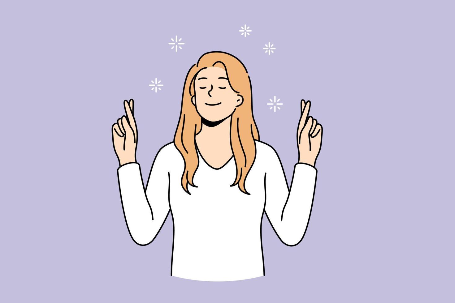 sintiendo esperanza con el concepto de dedos cruzados. joven personaje de dibujos animados de mujer positiva de pie con los ojos cerrados sosteniendo los dedos cruzados ilustración vectorial vector