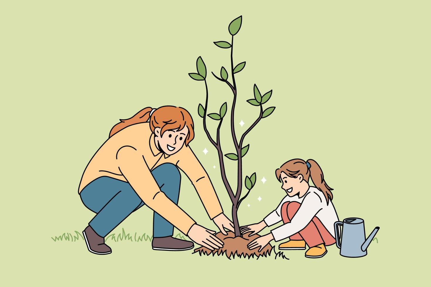 la joven madre sonriente y la pequeña hija plantan plántulas en el suelo cuidan el medio ambiente. la mamá feliz y la niña pequeña cultivan un árbol dedicados juntos a la actividad de jardinería. ilustración vectorial vector
