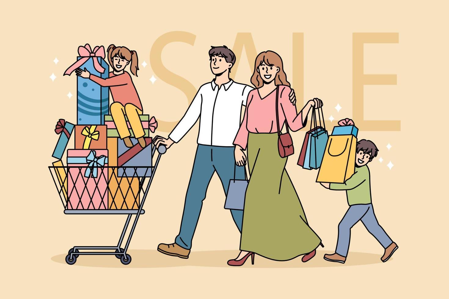 Happy family with children shopping together buying gifts for New Year in mall. Smiling parents and small kids purchase presents for Christmas winter holidays celebration. Flat vector illustration.