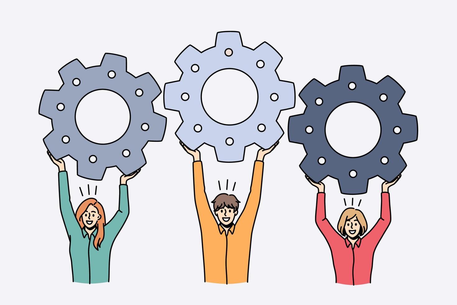 Teamwork and collaboration in business concept. Young business partners men standing holding gears in hands as symbol of cooperation vector illustration