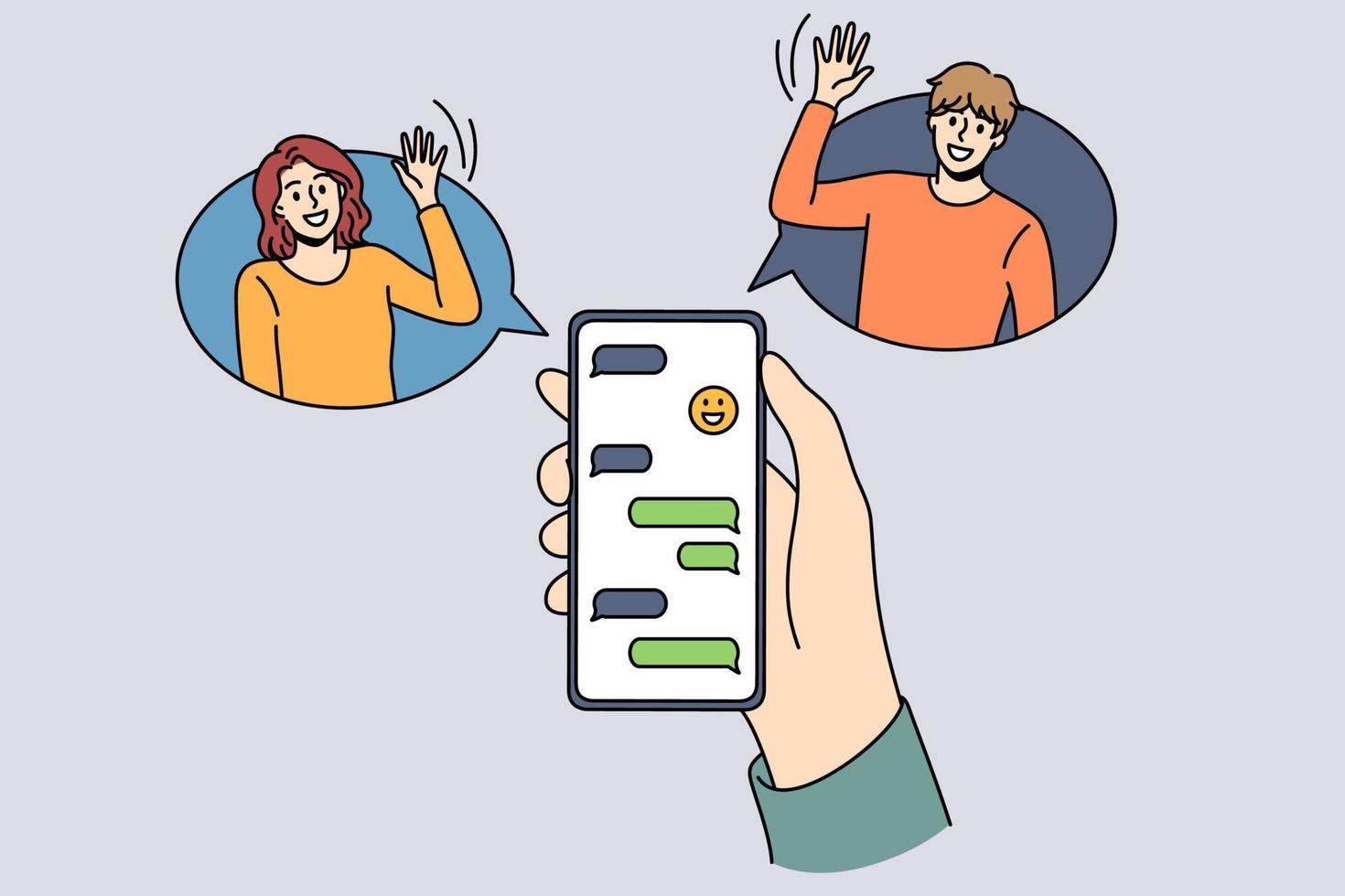 concepto de chat y tecnologías en línea. mano humana sosteniendo un teléfono inteligente con chat y amigos sonrientes saludando desde los lados ilustración vectorial vector