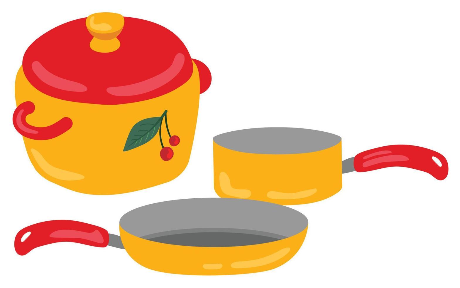 Cooking pot, frying pan, saucepan. Kitchen set. Hand drawn vector illustration. Suitable for website, stickers, gift cards.