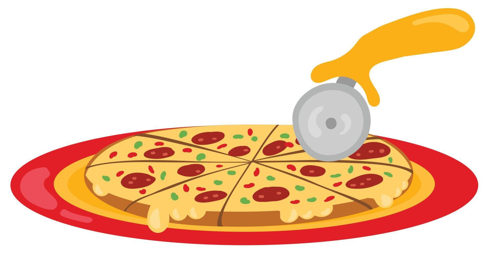Pizza knife with pizza on plate. Hand drawn vector illustration. Suitable for website, stickers, gift cards.