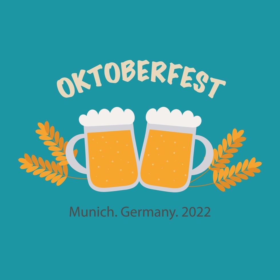Two mugs of beer for Oktobeofest festival on green. Vector isolated image for events or as clipart