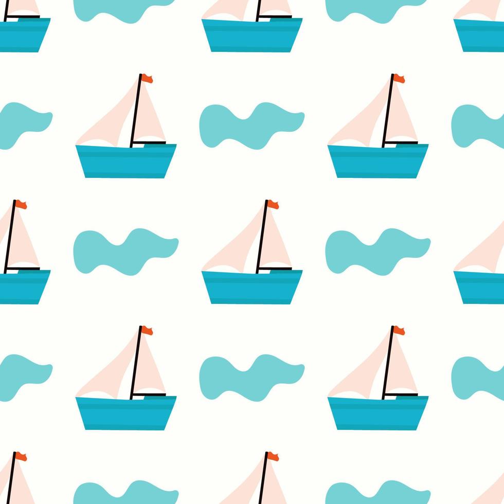 Pattern of boat and wave on light background. Vector image for use in linen textiles or as print