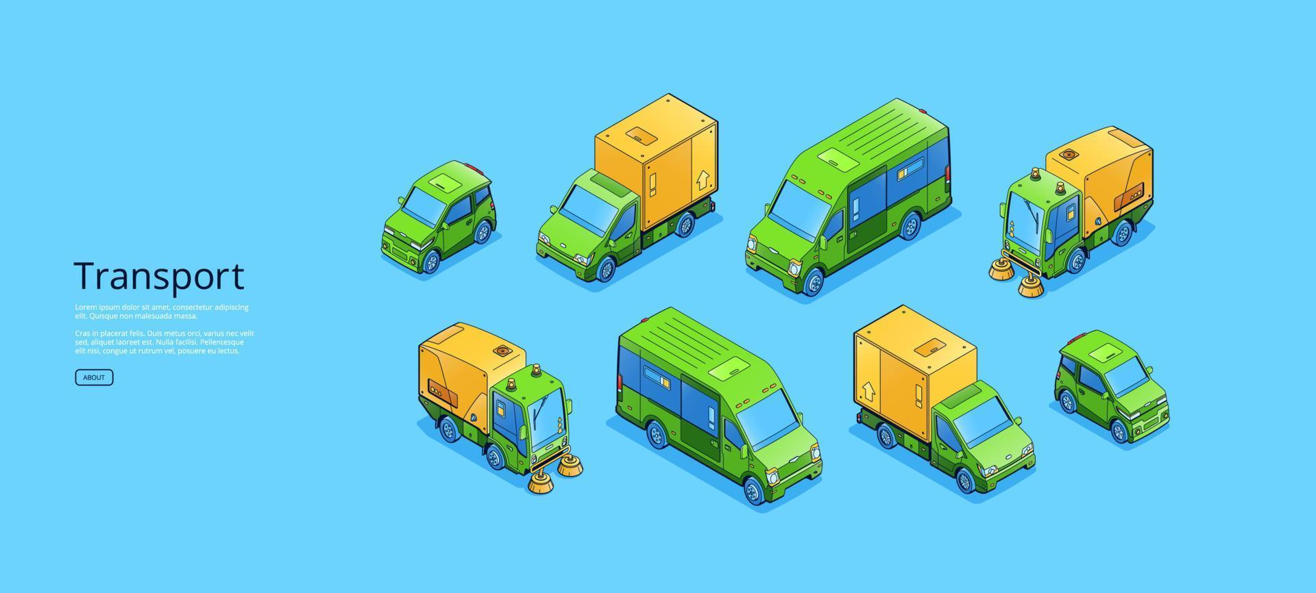 Transport banner with isometric sweeper, truck vector