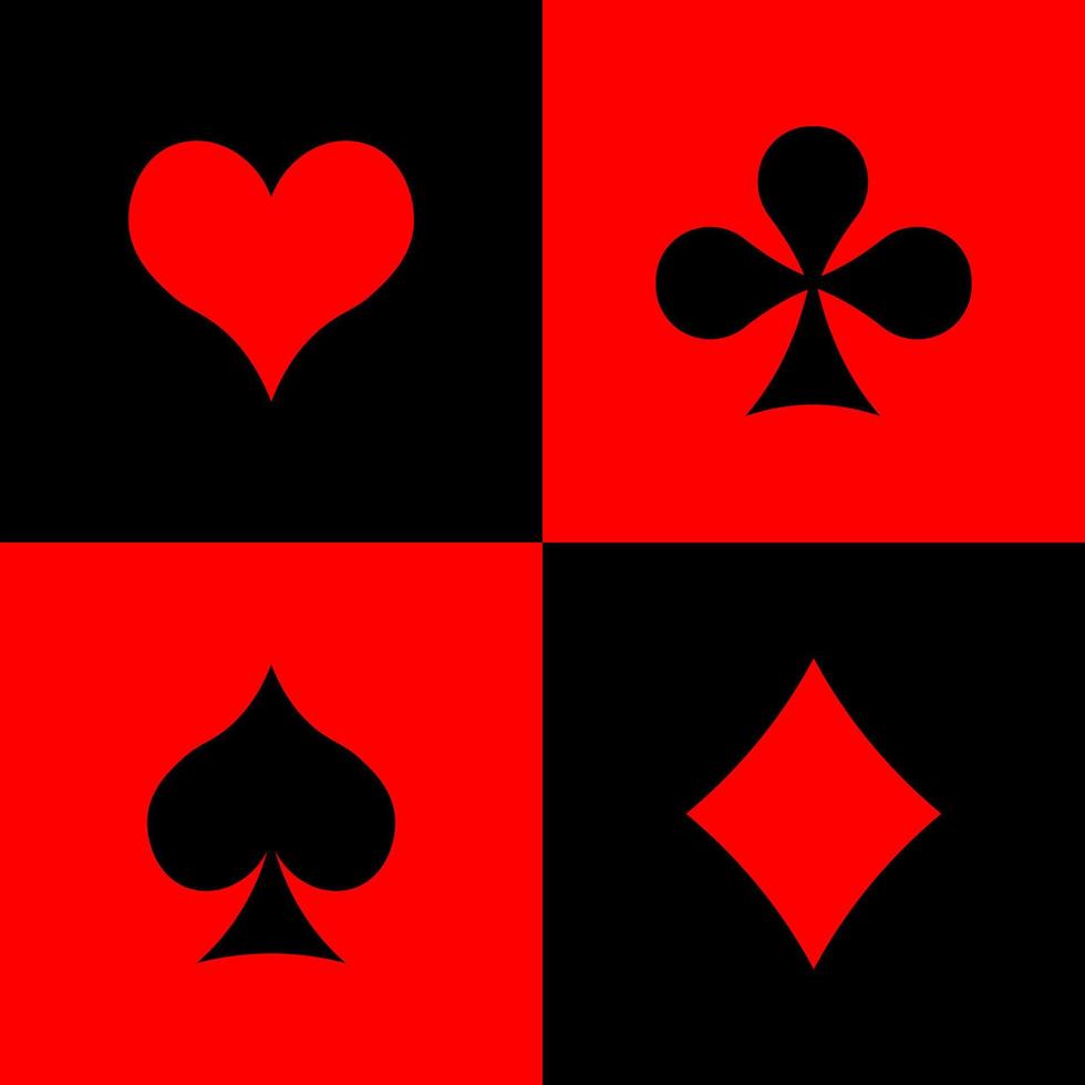 Suits of playing cards. Flat vector illustration on red and black background.