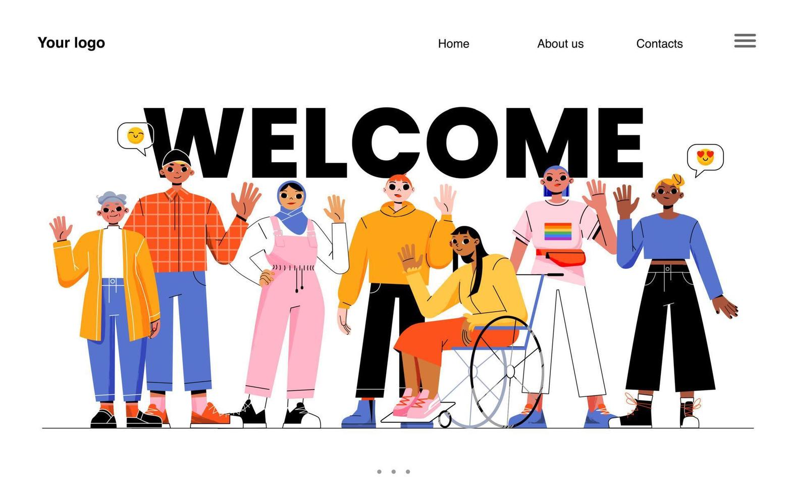 Welcome landing page. Diverse people group, team vector