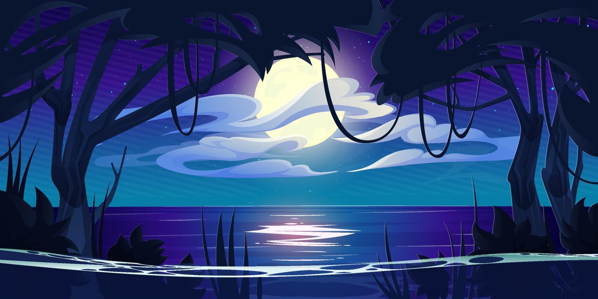 Night ocean landscape, full moon and stars shine vector