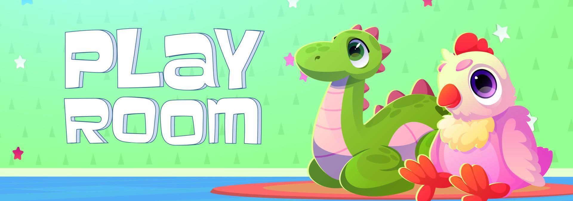 banner de dibujos animados de sala de juegos con lindos juguetes de peluche para niños vector