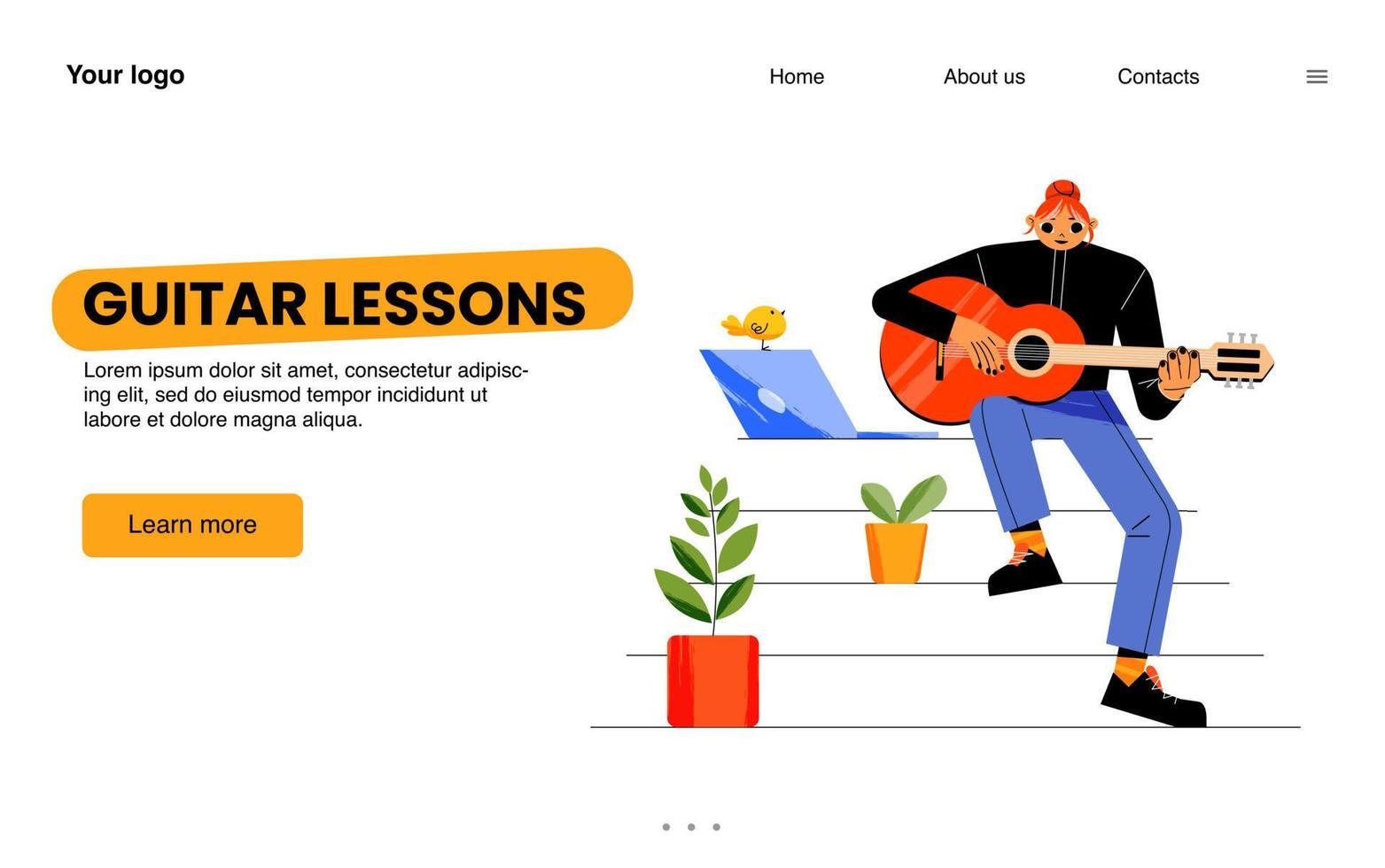 Guitar lessons landing page, online education vector