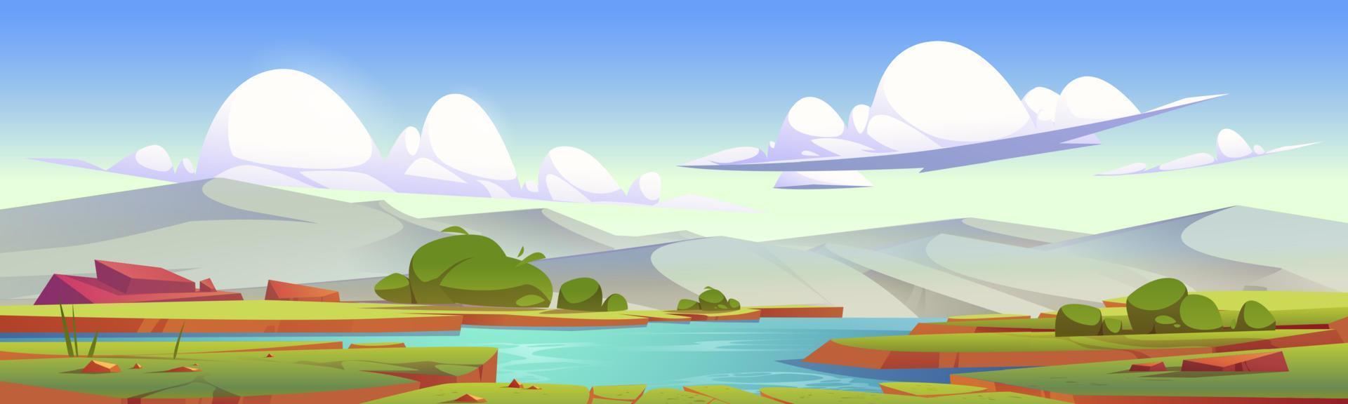 paisaje de verano del valle con río, hierba verde vector