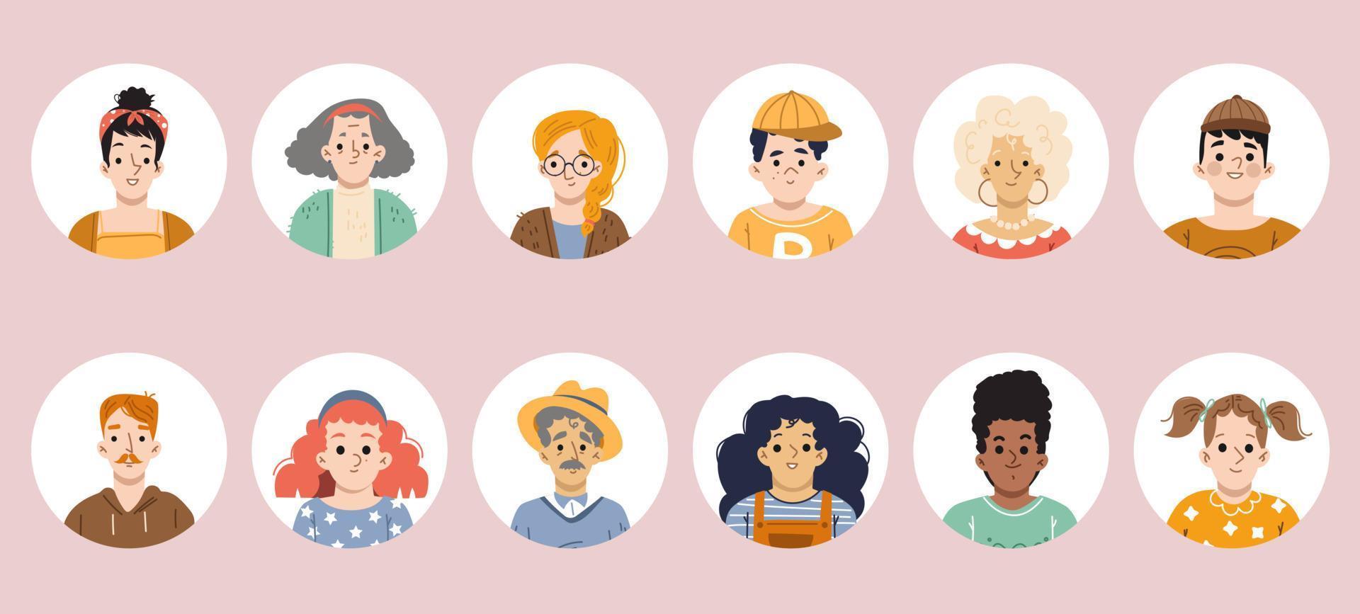 Set of people avatars, round icons with faces vector