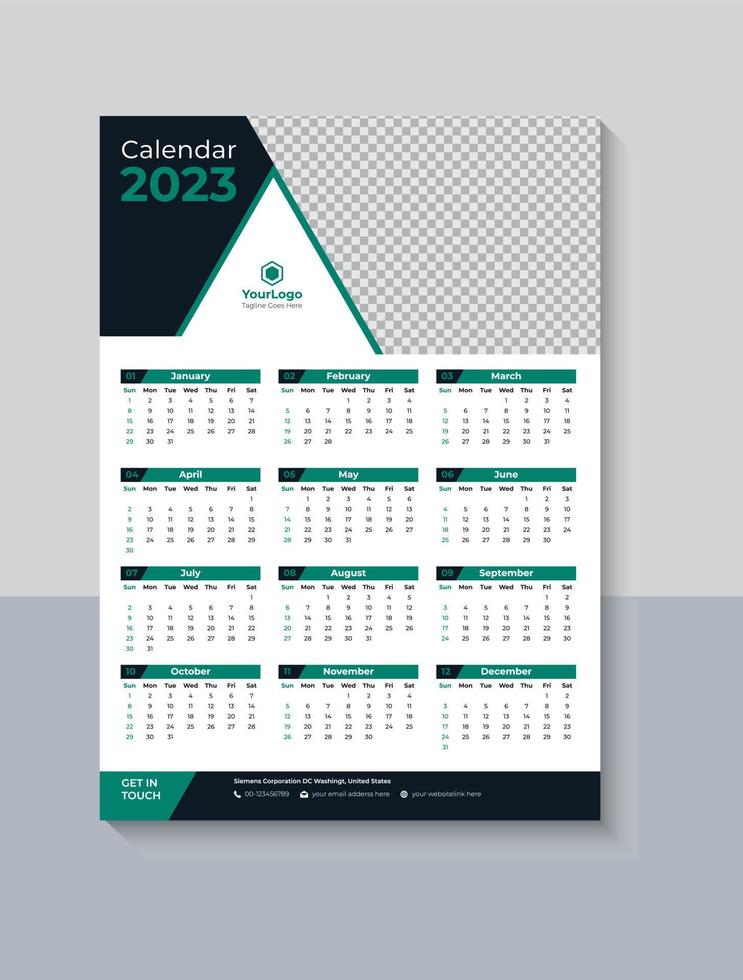 diseño creativo de calendario de pared de una página 2023, calendario de negocios 2023, plantilla de calendario de una página de 12 meses moderna, vector profesional