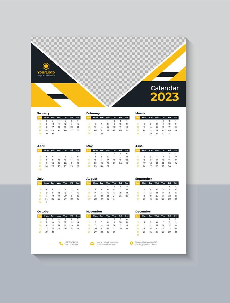 Creative One Page Wall Calendar 2023 Design, Business Calendar 2023, Modern 12 Month One Page Calendar Template, Pro Vector