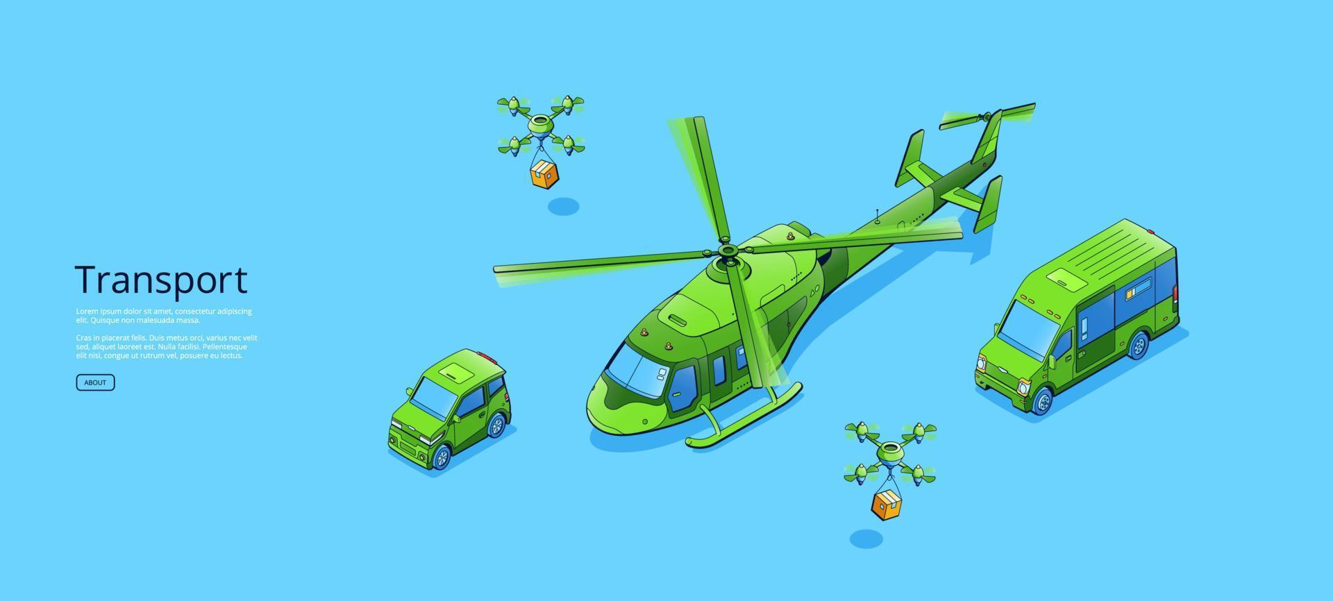 Transport poster with helicopter, mini van, drones vector