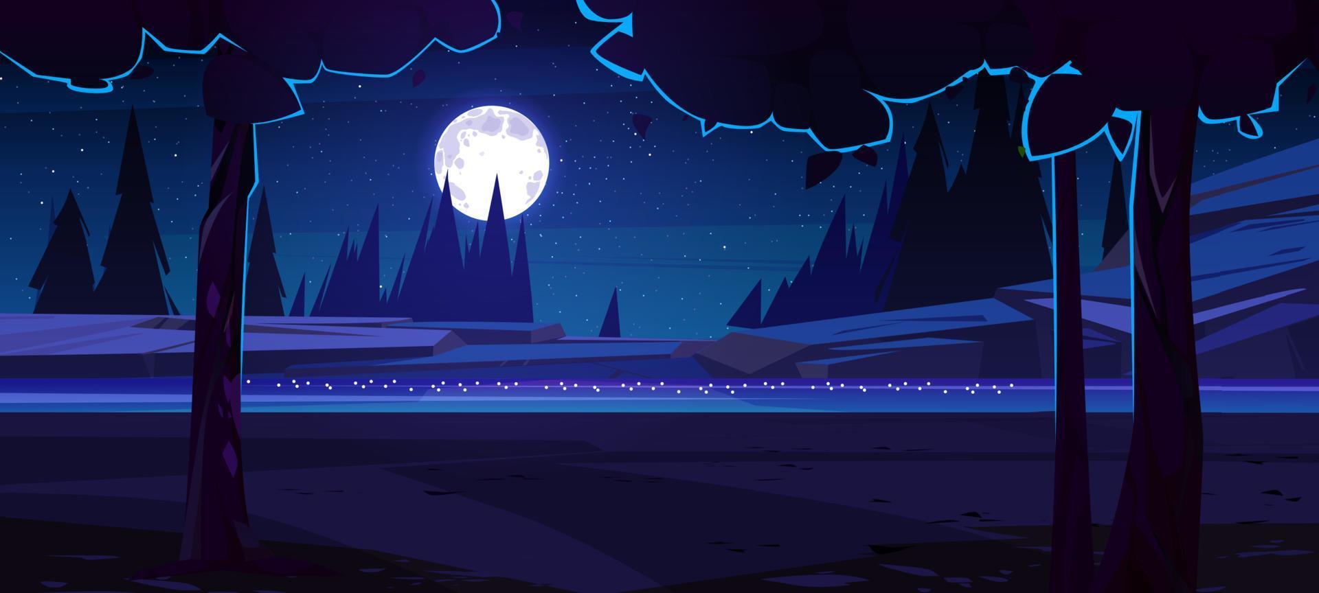 River with rocky shore and trees at night vector