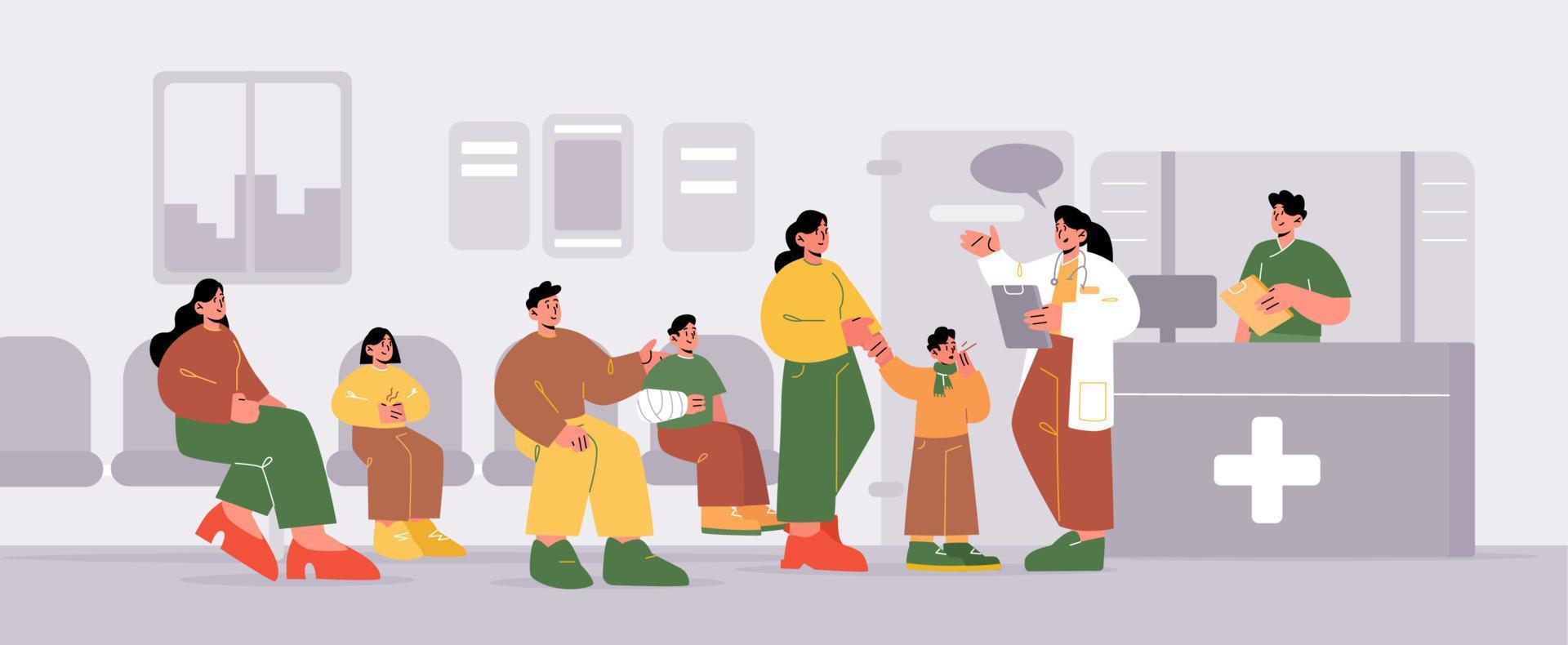 Hospital hallway with visitors waiting in queue vector
