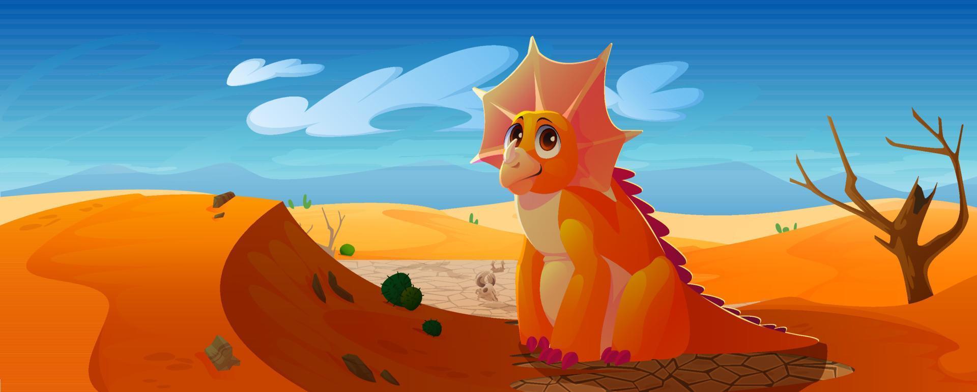 Cute baby dinosaur, triceratops in desert vector