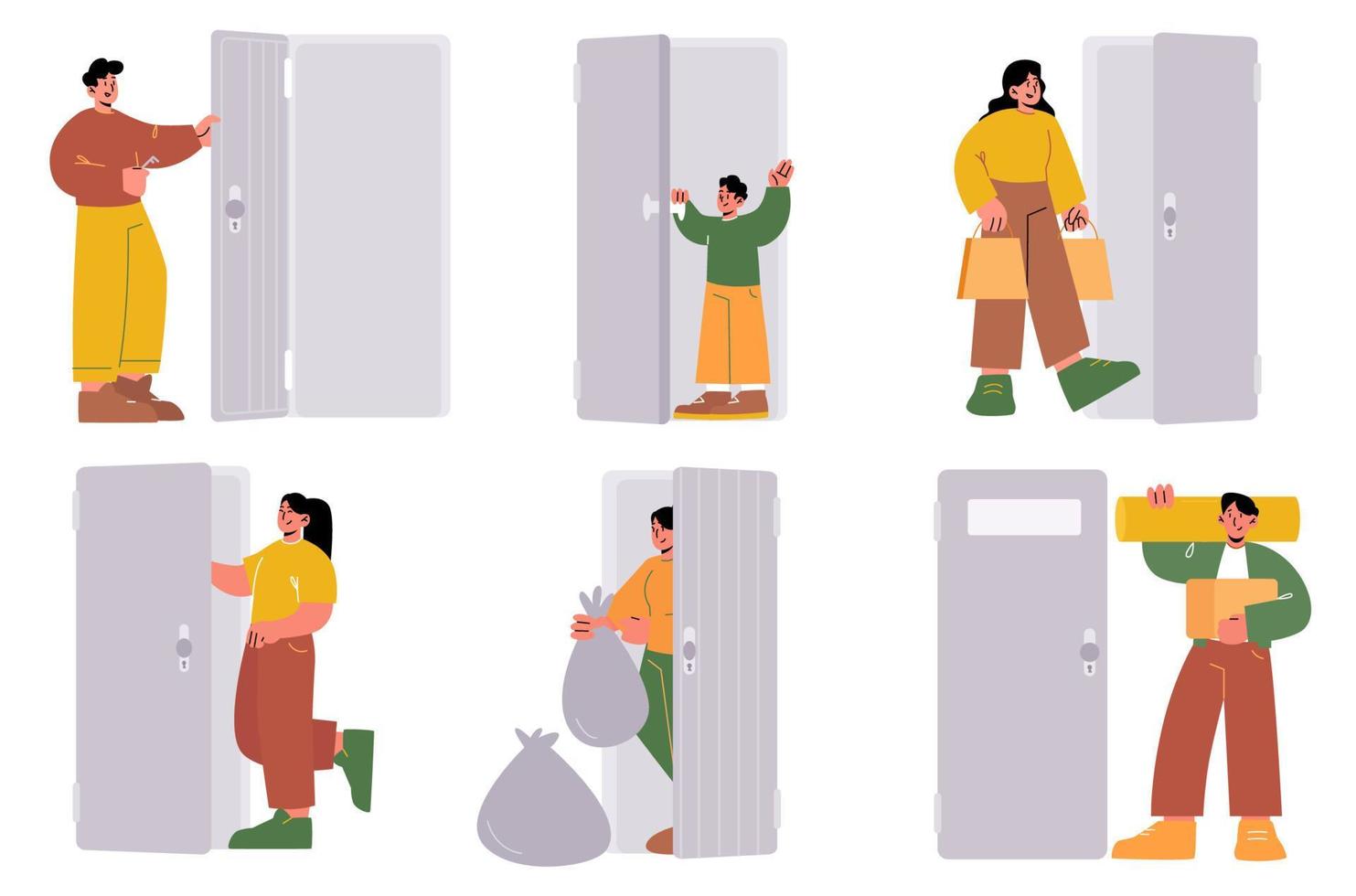 People at house entrance, enter or exit home vector