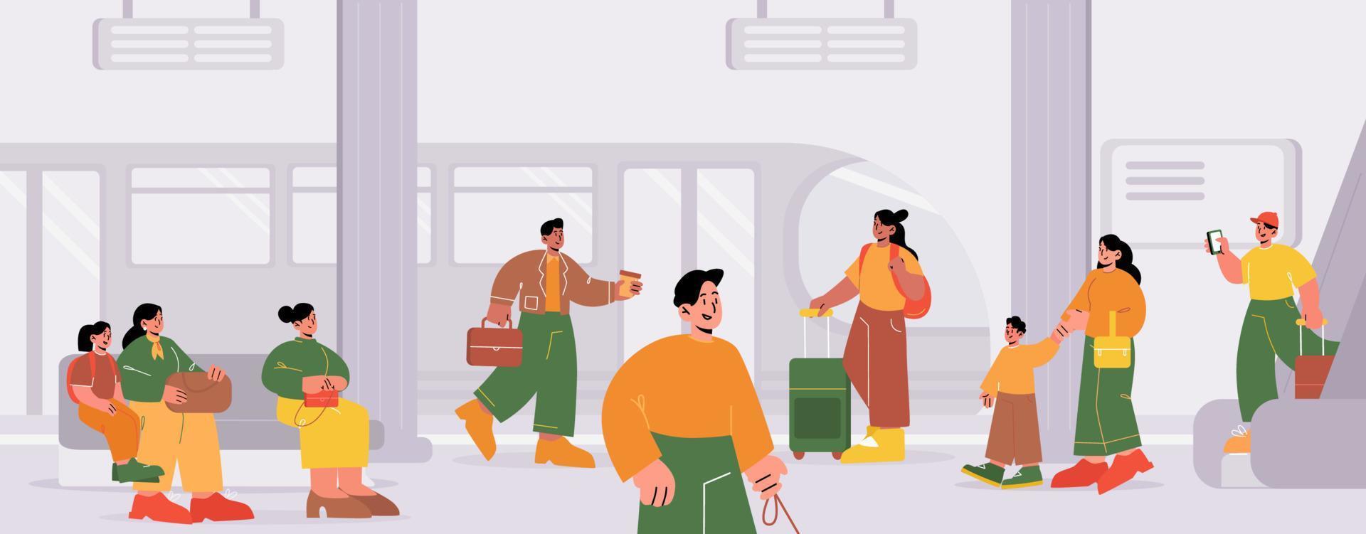 Railway station with train and people on platform vector