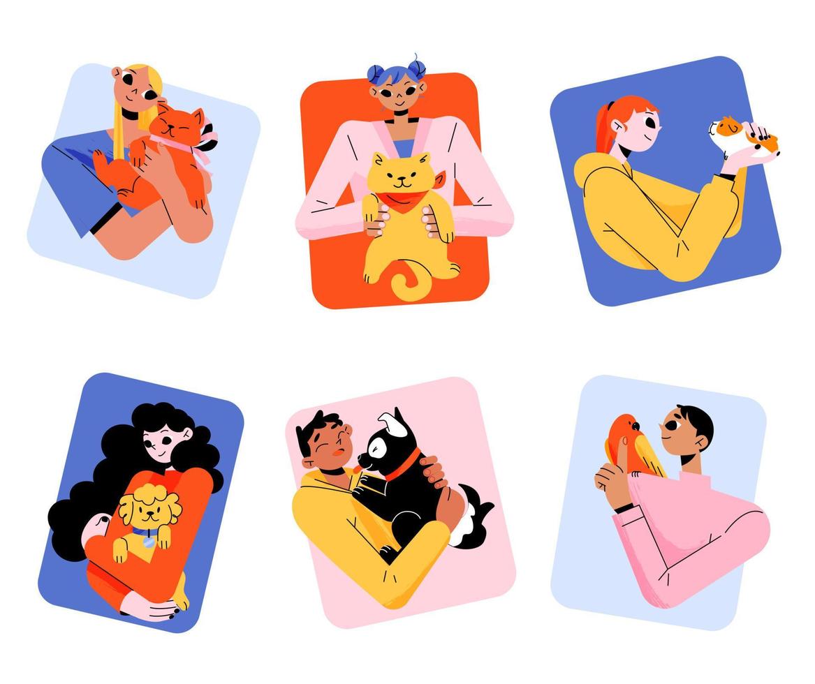 People hug pets square icons, home animals love vector