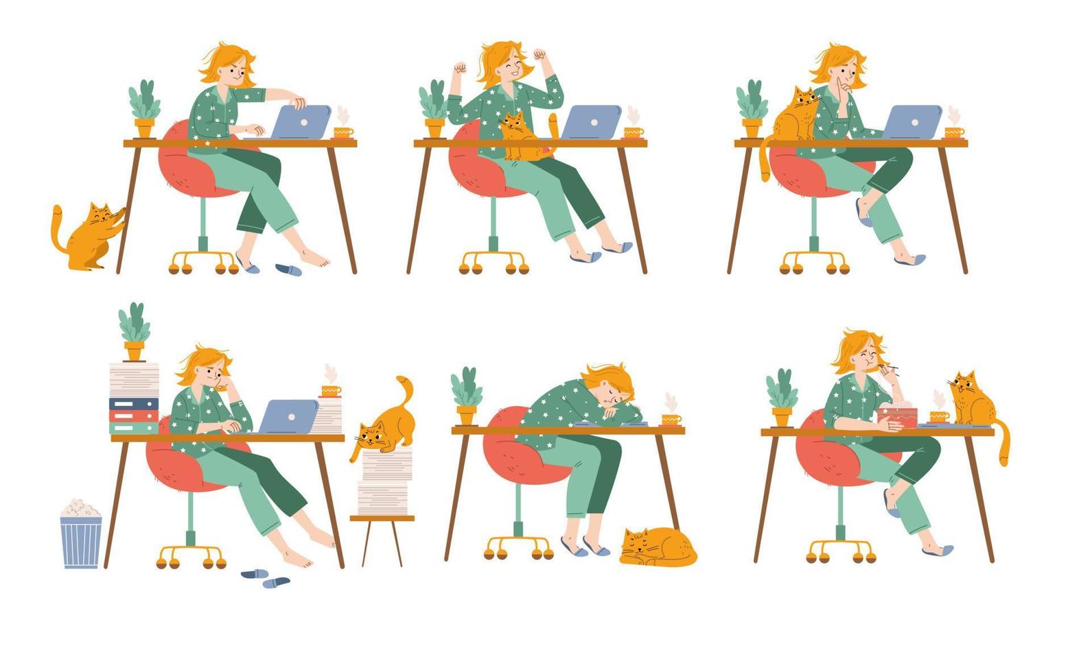 mujer freelancer emociones, trabajo y actividades. vector