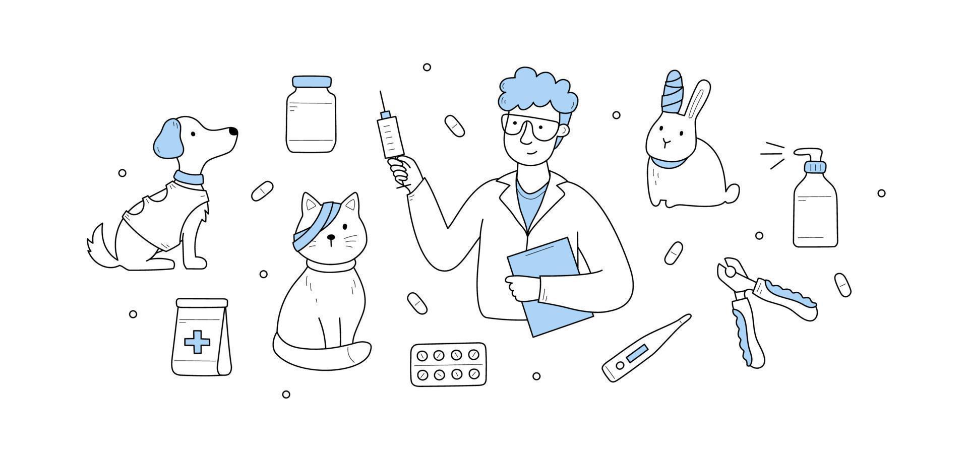 Vet clinic doodle concept with doctor, dog and cat vector