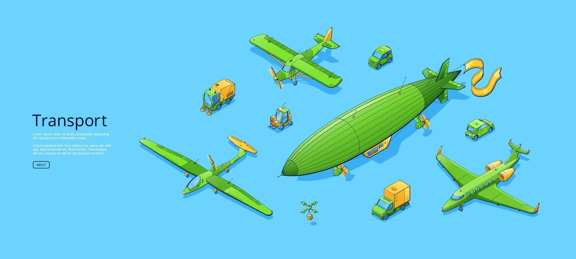 Transport poster with planes, blimp, van, sweeper vector