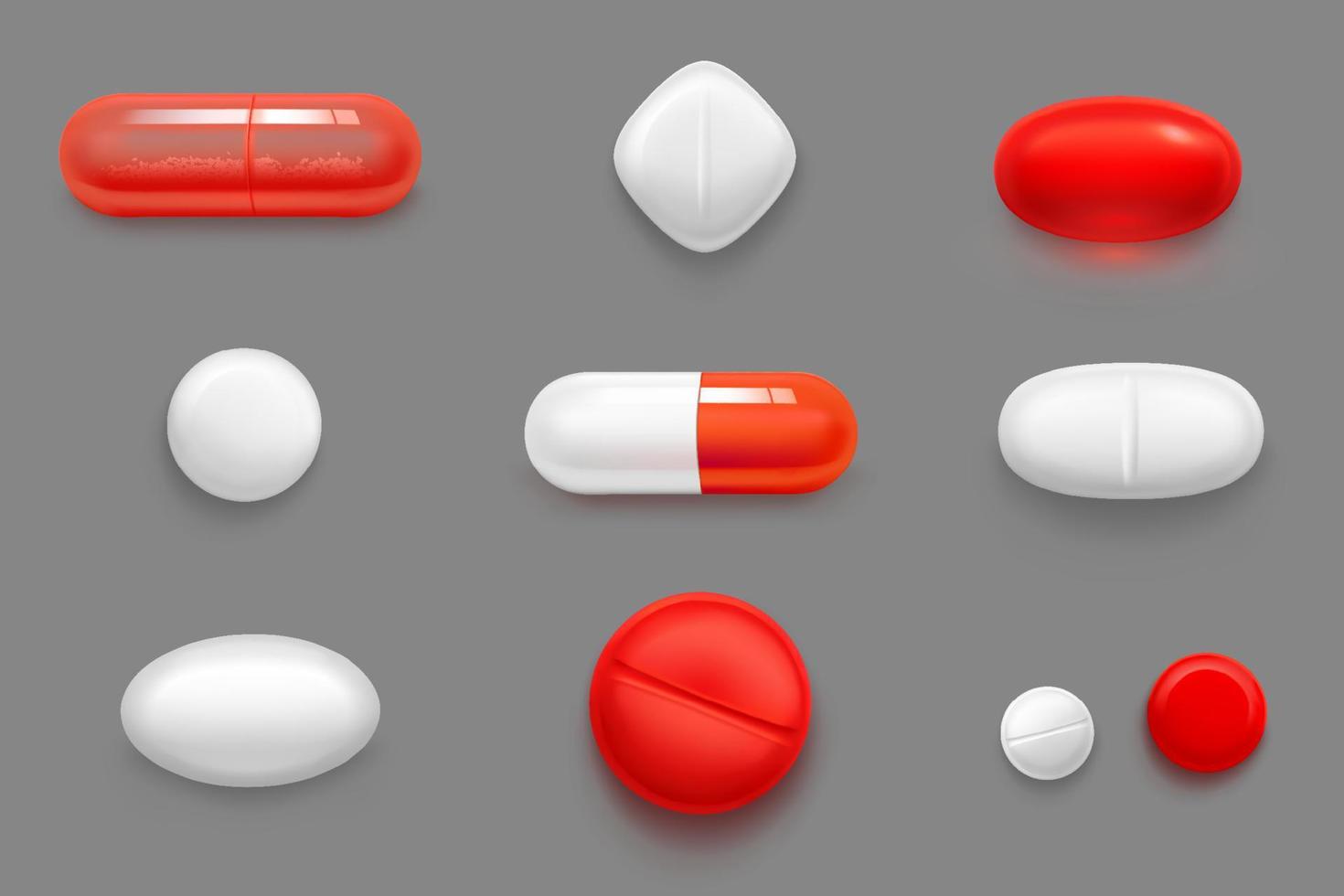 Pills, tablets and drugs red and white capsules vector