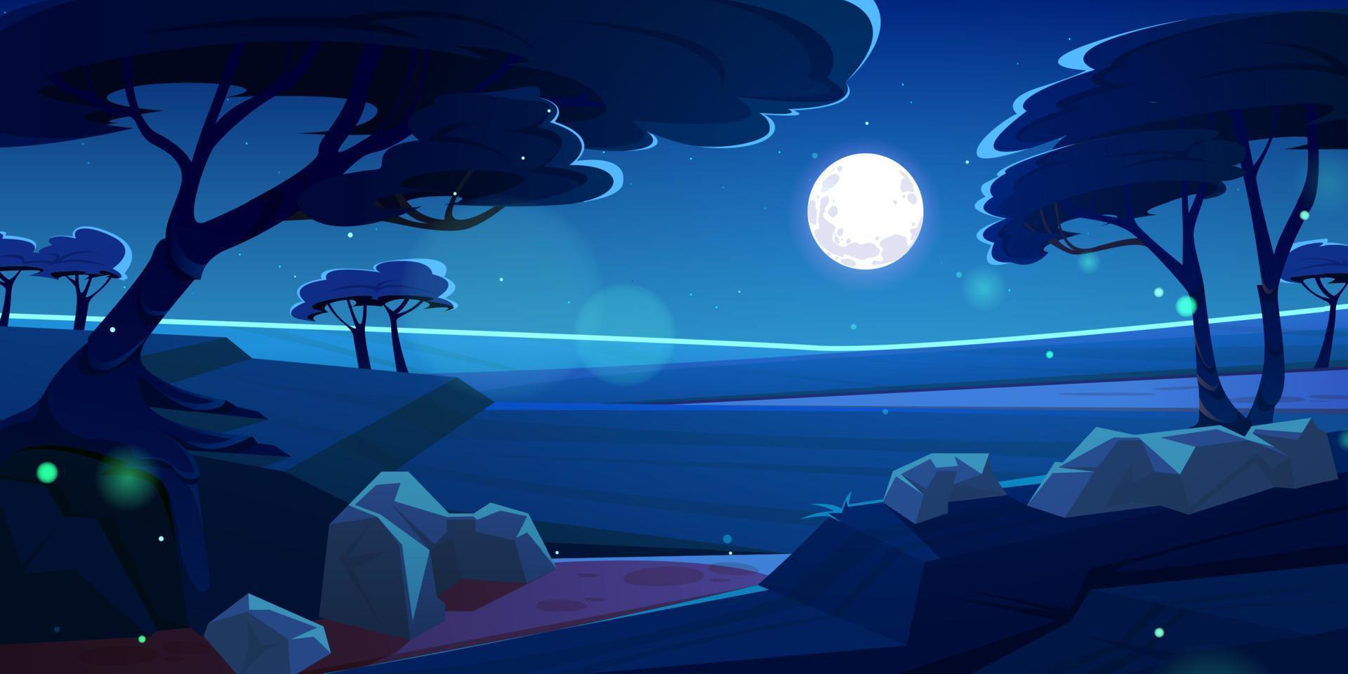 Savannah landscape with acacia trees at night vector