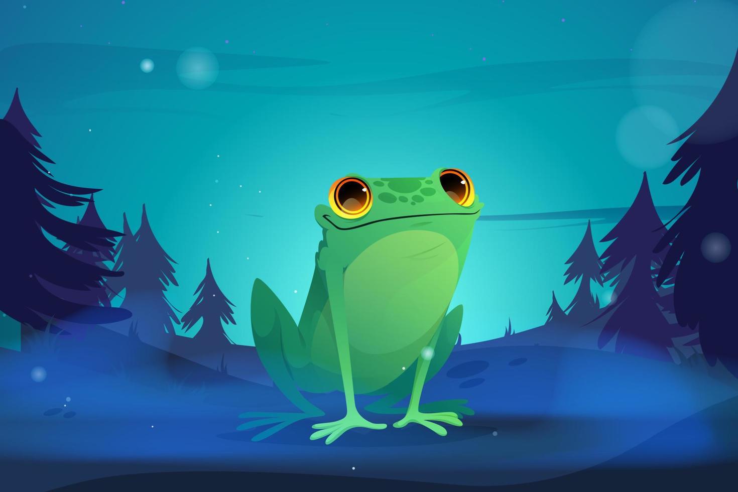 rana de dibujos animados en el bosque nocturno, sapo divertido salvaje vector