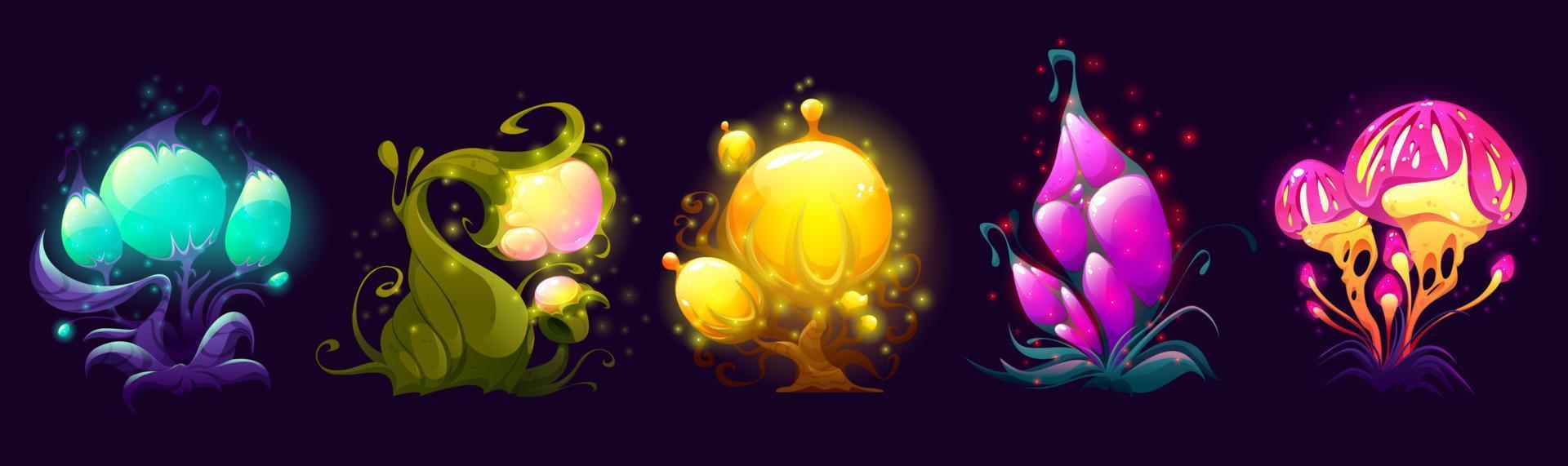 Fantasy flowers, trees, and mushrooms alien plants vector