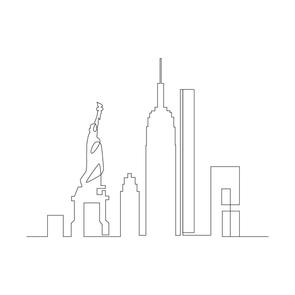 la estatua de la libertad y la ciudad de nueva york continúan con el dibujo de arte lineal vector