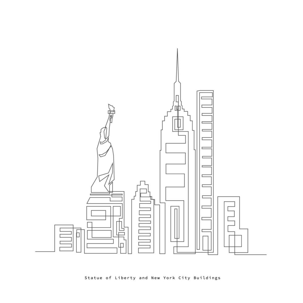 Statue of Liberty and New York City Buildings One Line Art Drawing vector