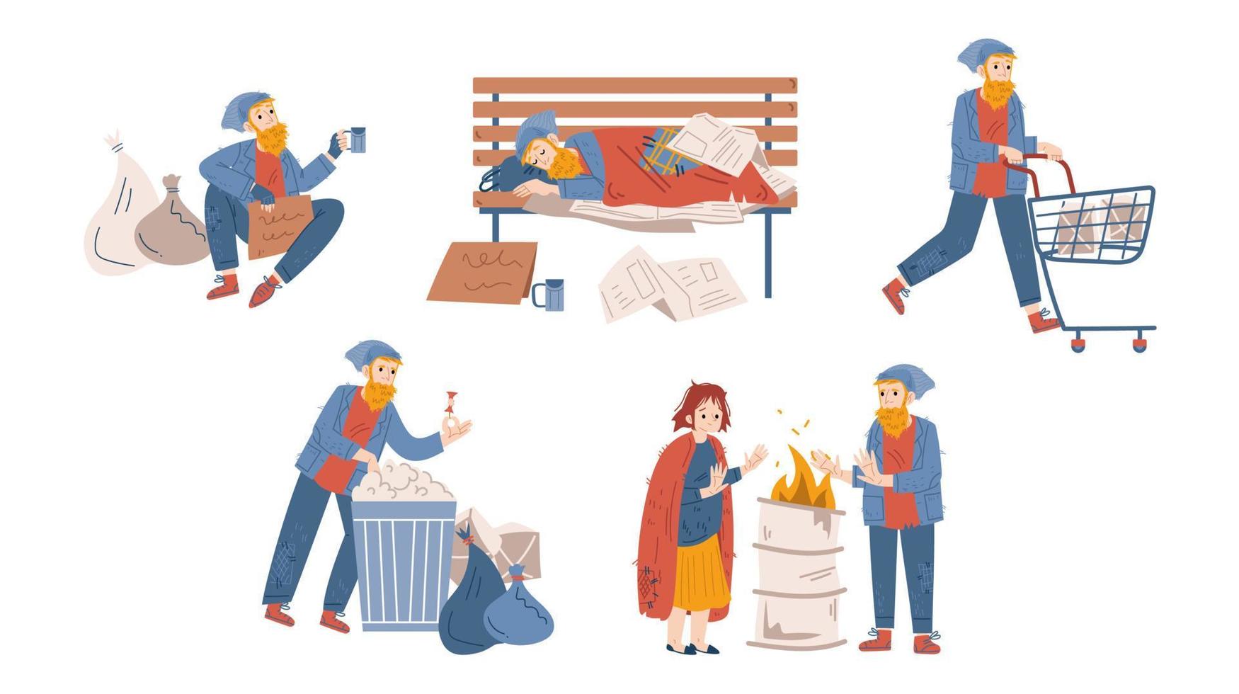 Homeless people beggars male and female characters vector